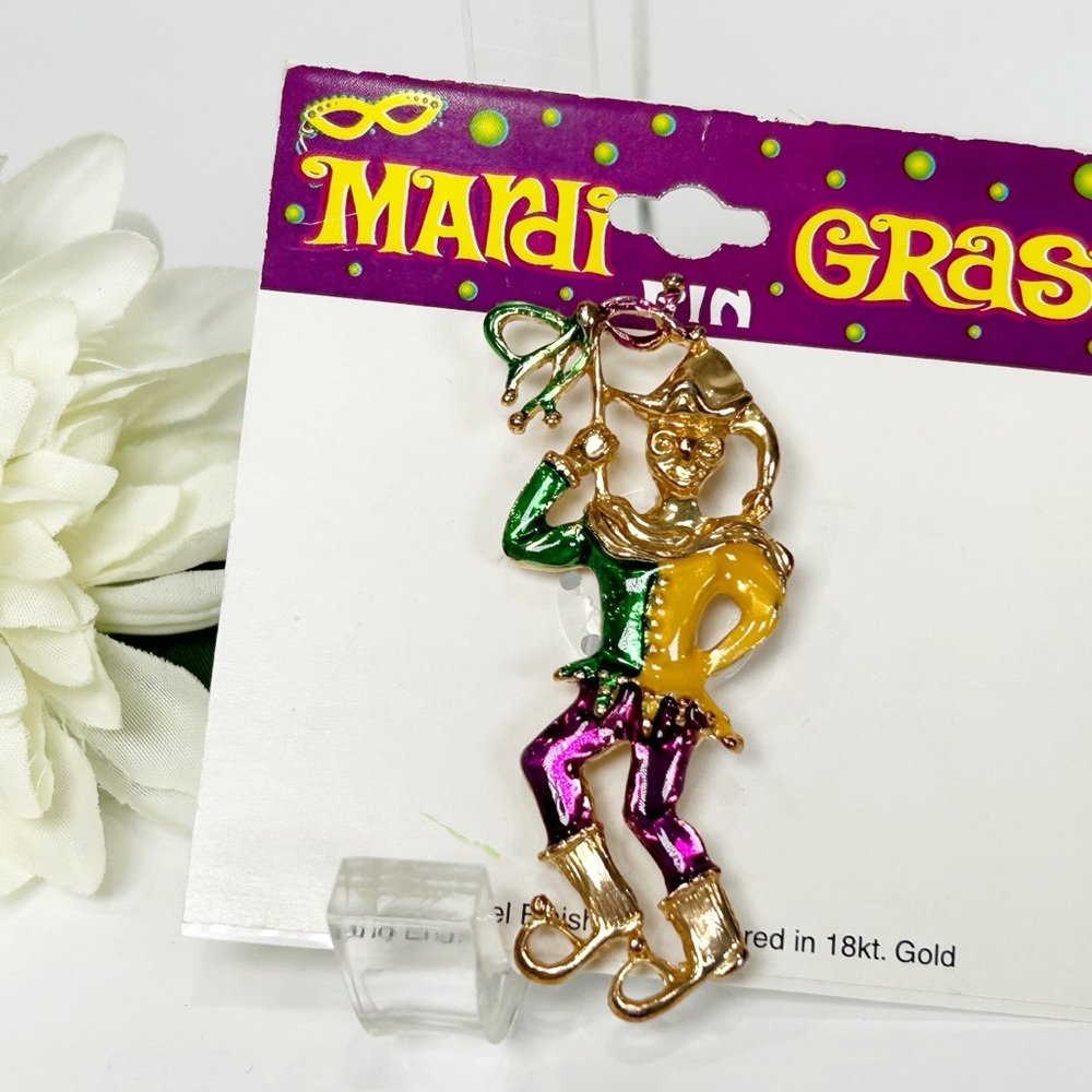 Mardi Gras Enameled Jester Pin Layered in 18K Gold NEW